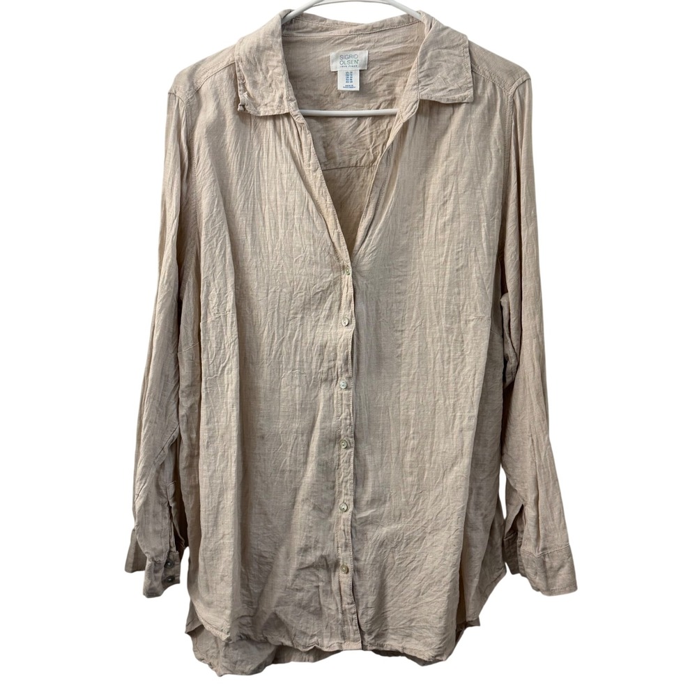 Sigrid Olsen 100% Linen Button Down Shirt Beige Tan Women's Size 1X Long Sleeve